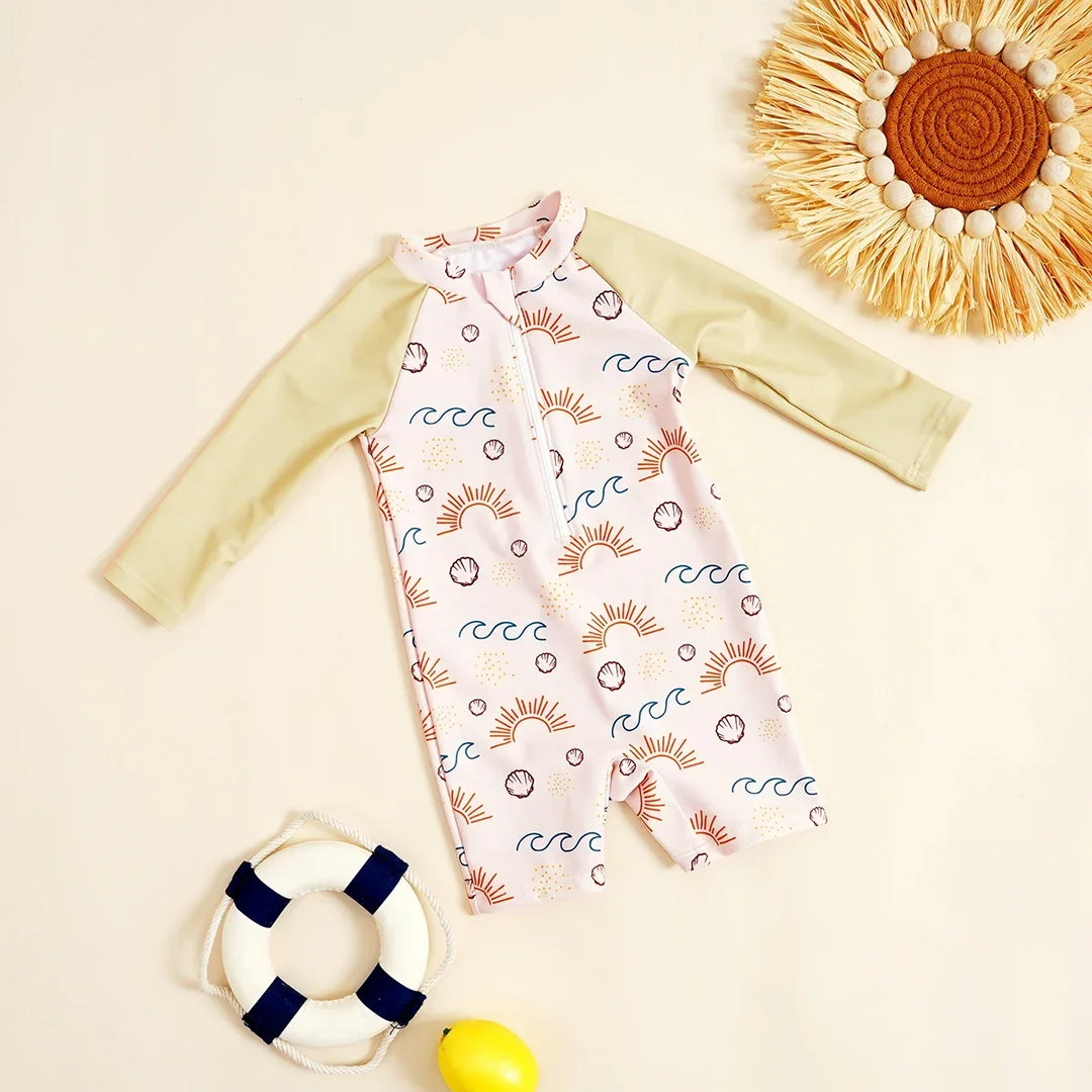Soft Unisex Baby One-Piece Swimsuit - Zip-Front, Long-Sleeve, Print Pattern, Polyester, Summer Beachwear