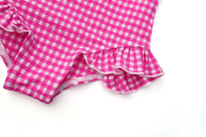 Quick-Dry Unisex Kids Swimsuit - One-Piece Gingham Plaid, Polyester, For Summer Vacation