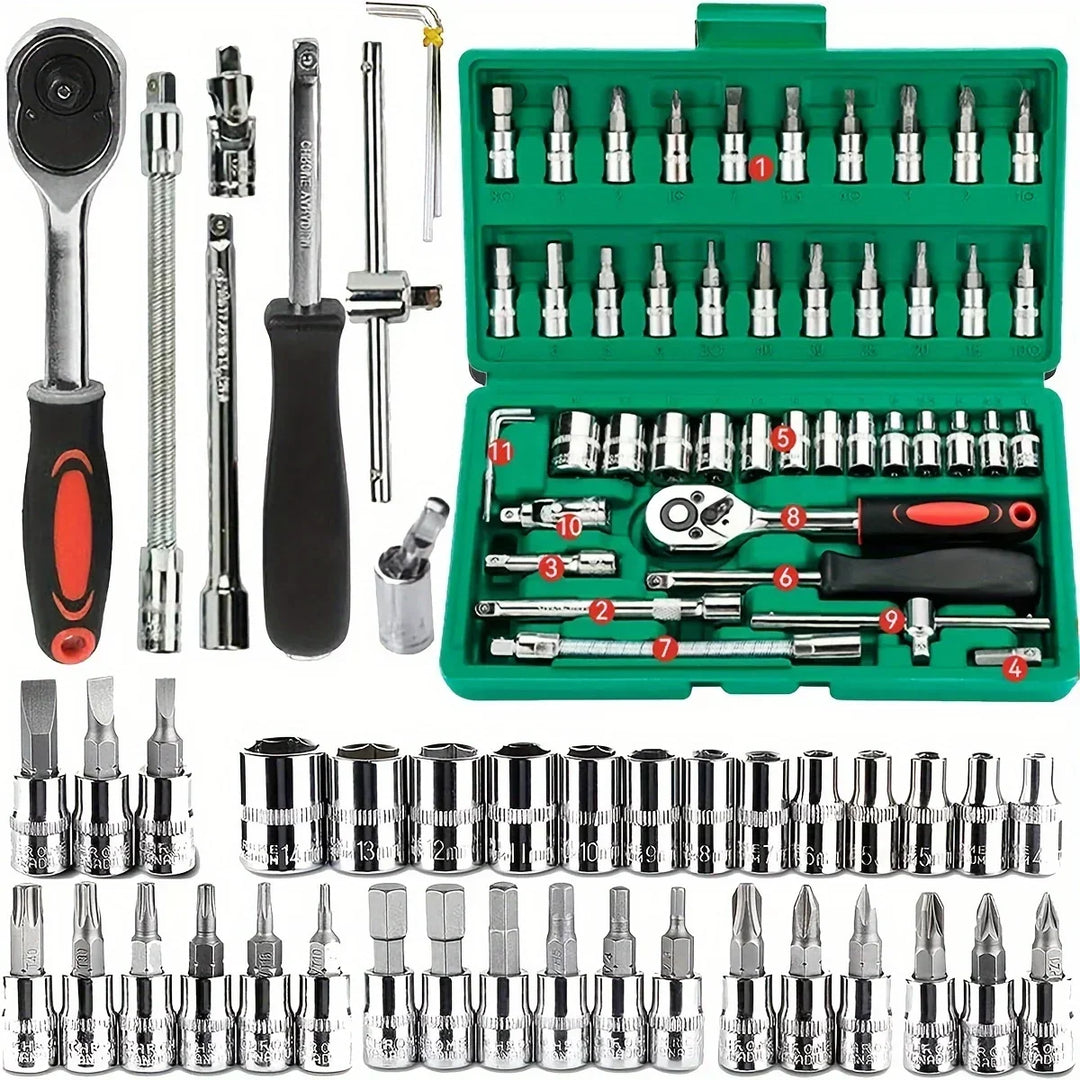 Home Tools Drive Socket Set - 1/4 Inch Ratchet Wrench &amp; Metric Hex Bit Kit for Mechanics