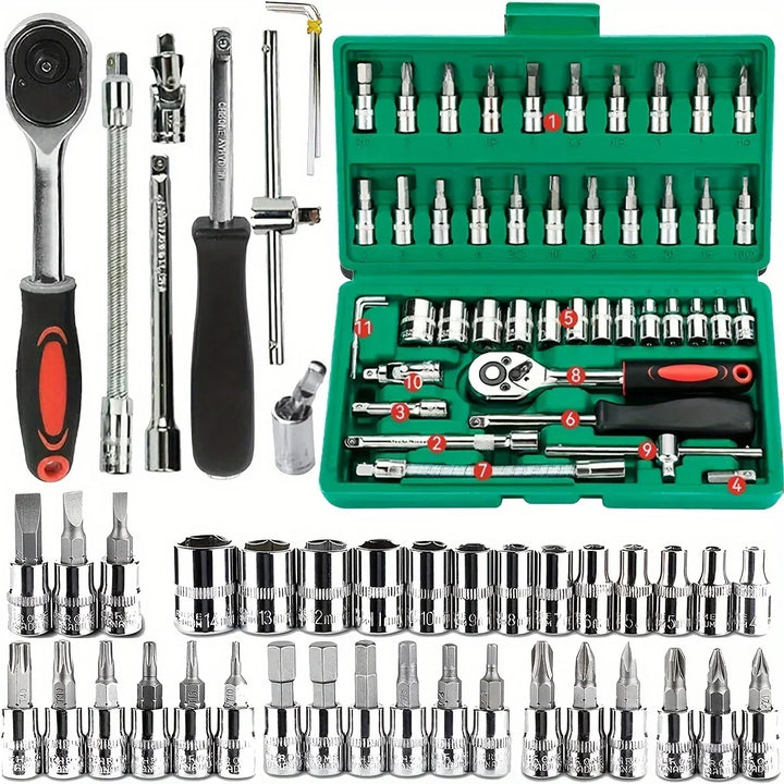 Home Tools Drive Socket Set - 1/4 Inch Ratchet Wrench &amp; Metric Hex Bit Kit for Mechanics