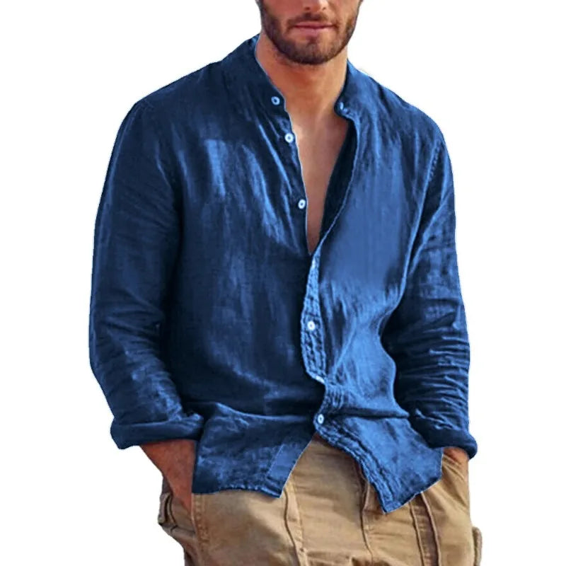 Men’s Cotton Shirt with Mandarin Collar, Lightweight Breathable Casual Summer Shirt in Tailored Fit