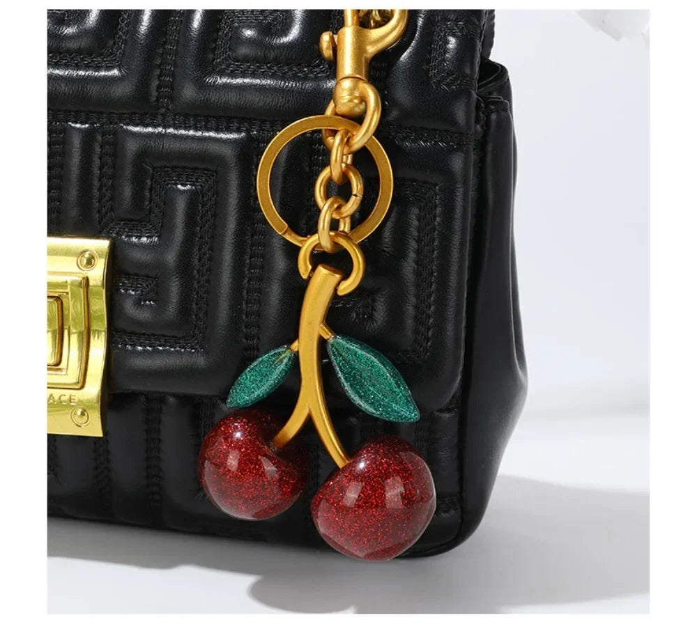 Red Cherry Keychain Bag Charm With Gold Leaf Lobster Clasp