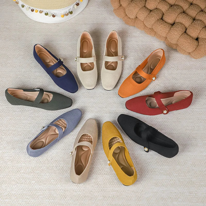Stretchy Women Mary Jane Flats - Ribbed Knit For Spring