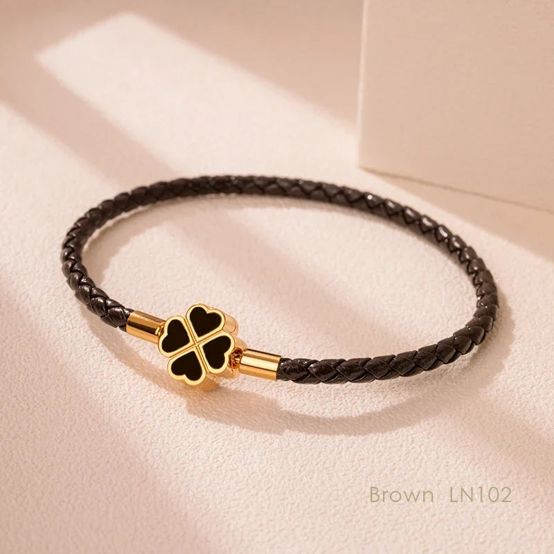 Four Leaf Clover Braided Leather Lucky Bracelet Gift