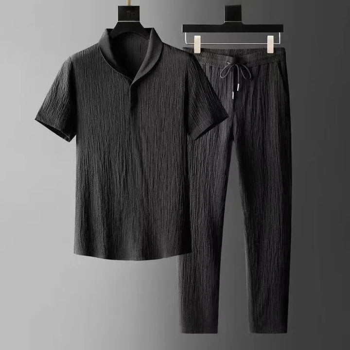 Summer Ultra-thin Ice Silk Linen Suit Men’s Loose-fit T-shirt 2-piece Sports Wear
