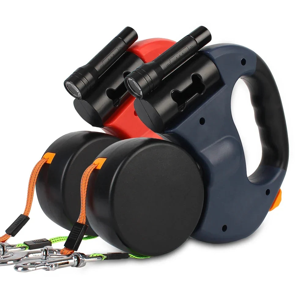 Dual Dog Leash 3m Retractable with Flashlight &amp; Waste Bag Box, Auto-Extend Traction Rope