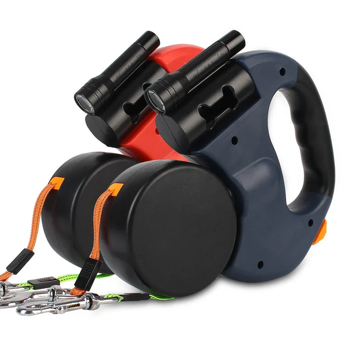 Dual Dog Leash 3m Retractable with Flashlight &amp; Waste Bag Box, Auto-Extend Traction Rope