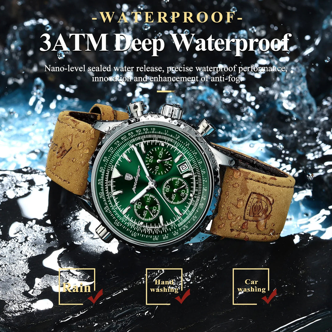 Quartz Chronograph Watch Waterproof Luminous Date Leather