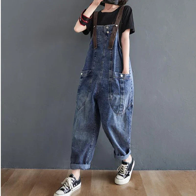 Vintage Big Pocket Suspender Jeans Pants - Women&