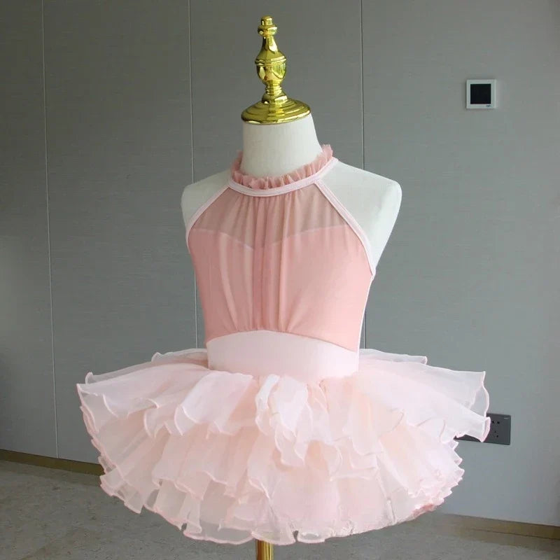 Lightweight girls ballet leotard set - puff-sleeve top, tulle tutu skirt, polyester, for dance class