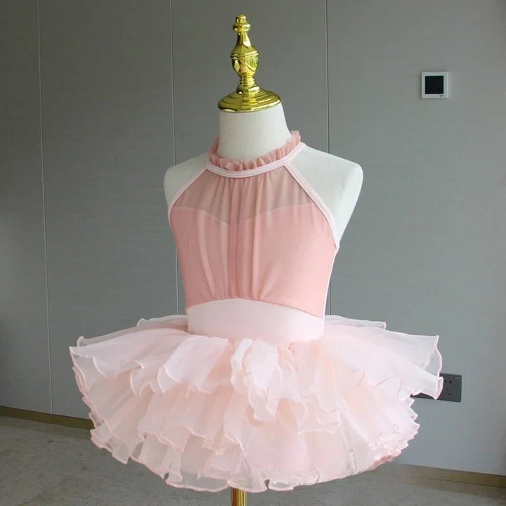 Lightweight girls ballet leotard set - puff-sleeve top, tulle tutu skirt, polyester, for dance class