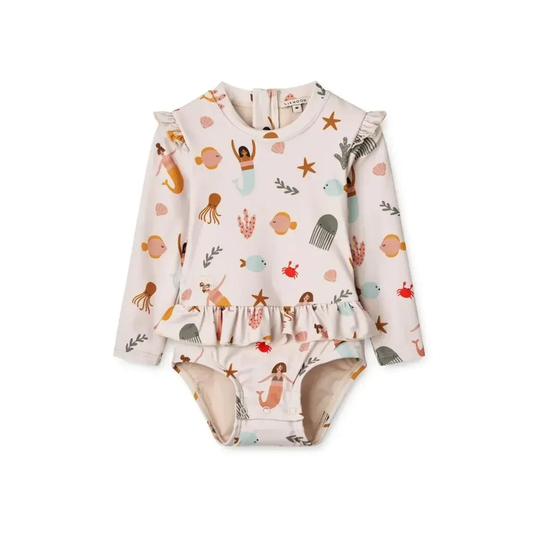 Quick-dry Kids’ Swimwear Set – Rash Guard &amp; Hat, Nylon, Cartoon Seagull Star Print, Beach Holidays
