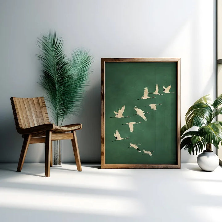 Cranes Wall Art Emerald Green Canvas With Gold Accents
