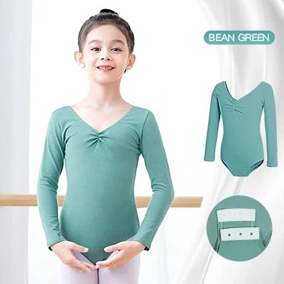 Breathable girls long sleeve ballet leotard - twist-front, cotton, for dance class
