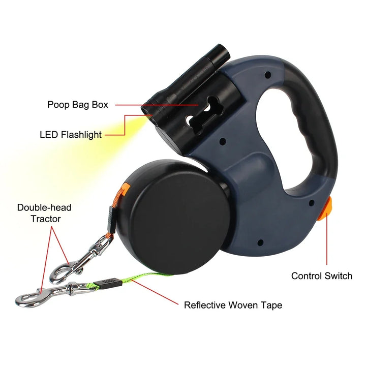 Dual Dog Leash 3m Retractable with Flashlight &amp; Waste Bag Box, Auto-Extend Traction Rope