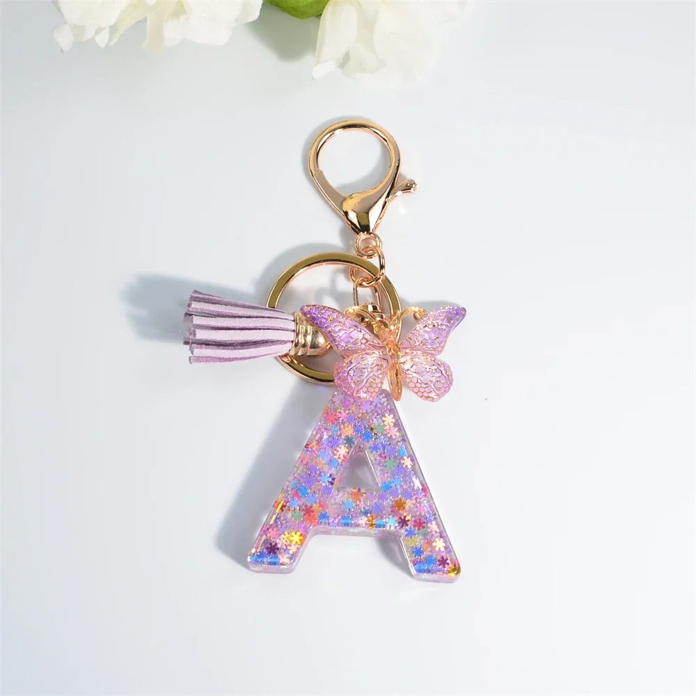 Sequin Letter Keychain With Butterfly Tassel Charm