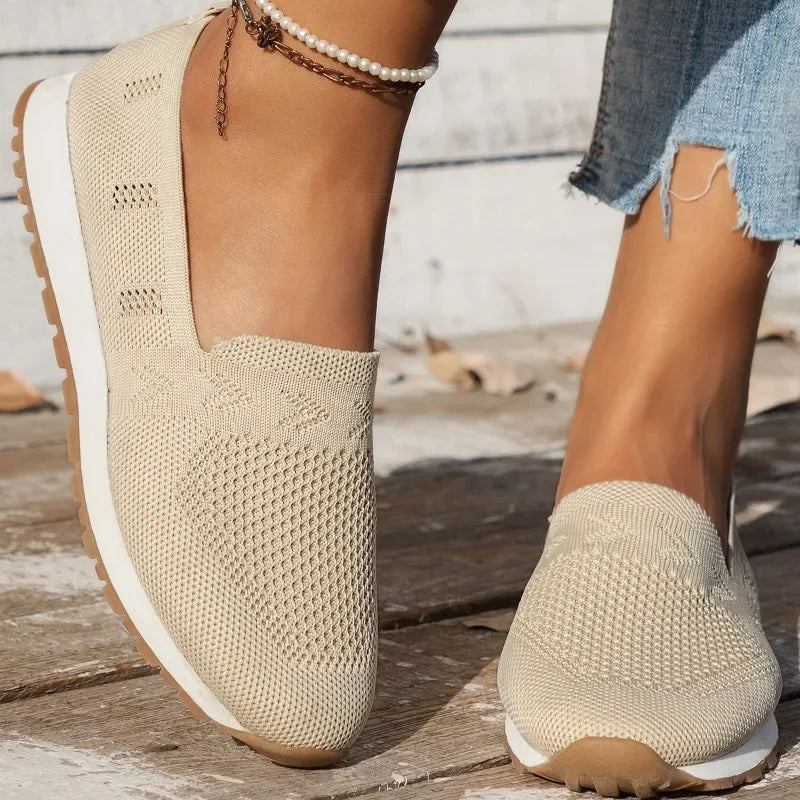 Solid color Casual Flats Slip-On Mesh Breathable Round Toe Shoes Women&