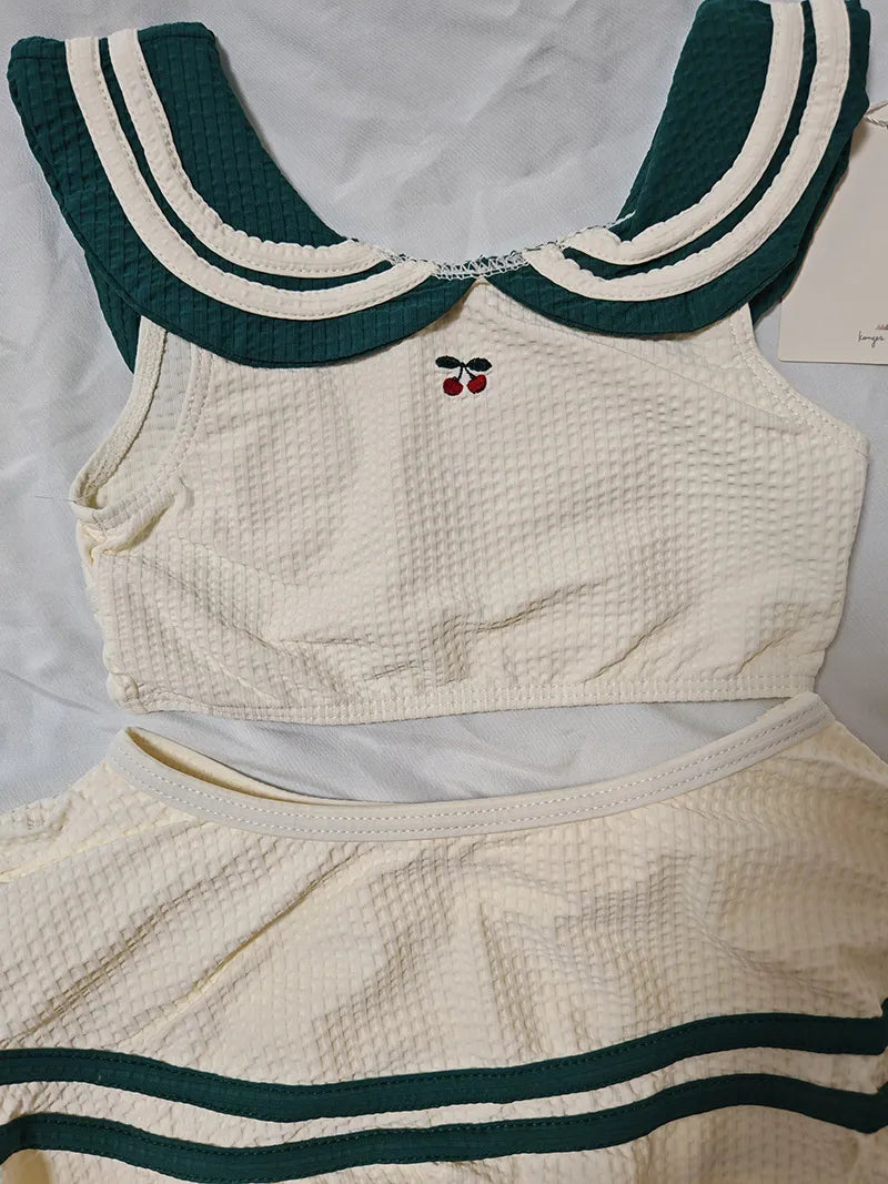 Soft Unisex Baby Swimwear Set - Classic Sailor-Style One-Piece, Top, Skirt, and Romper, Nylon, Summer Beach Days
