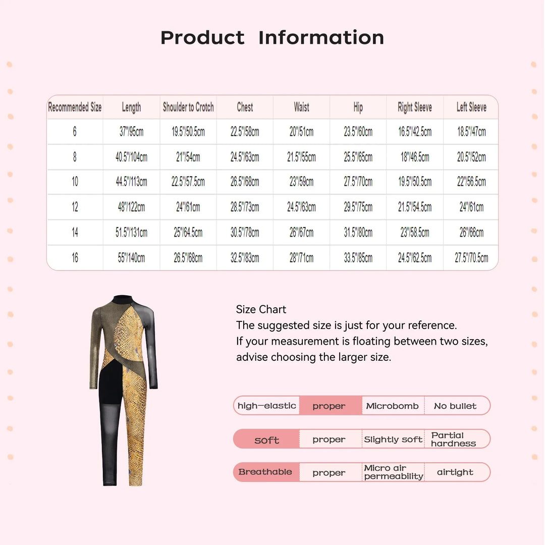 Stretchy Girls Unitard – Long Sleeve, Snakeskin, Polyester, Nylon, Elastane, For Ballet, Rhythmic Gymnastics