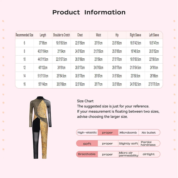 Stretchy Girls Unitard – Long Sleeve, Snakeskin, Polyester, Nylon, Elastane, For Ballet, Rhythmic Gymnastics
