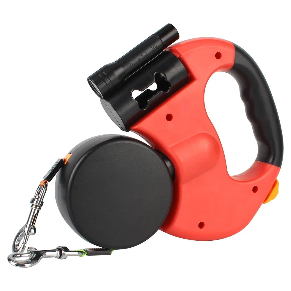 Dual Dog Leash 3m Retractable with Flashlight &amp; Waste Bag Box, Auto-Extend Traction Rope