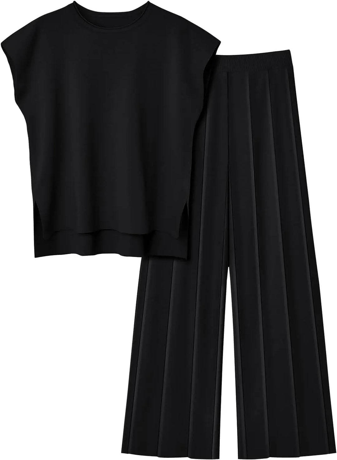 Soft Relaxed Women’s Two-Piece Pant Set – Sleeveless Round-Neck Knit Top, High-Waist Wide-Leg Pants For Summer