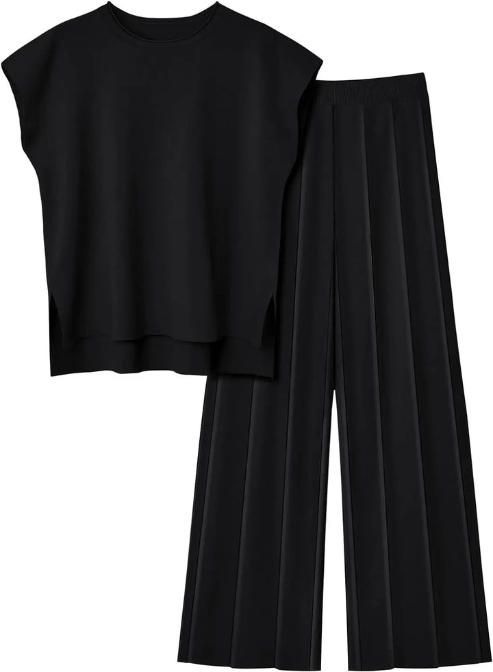 Soft Relaxed Women’s Two-Piece Pant Set – Sleeveless Round-Neck Knit Top, High-Waist Wide-Leg Pants For Summer