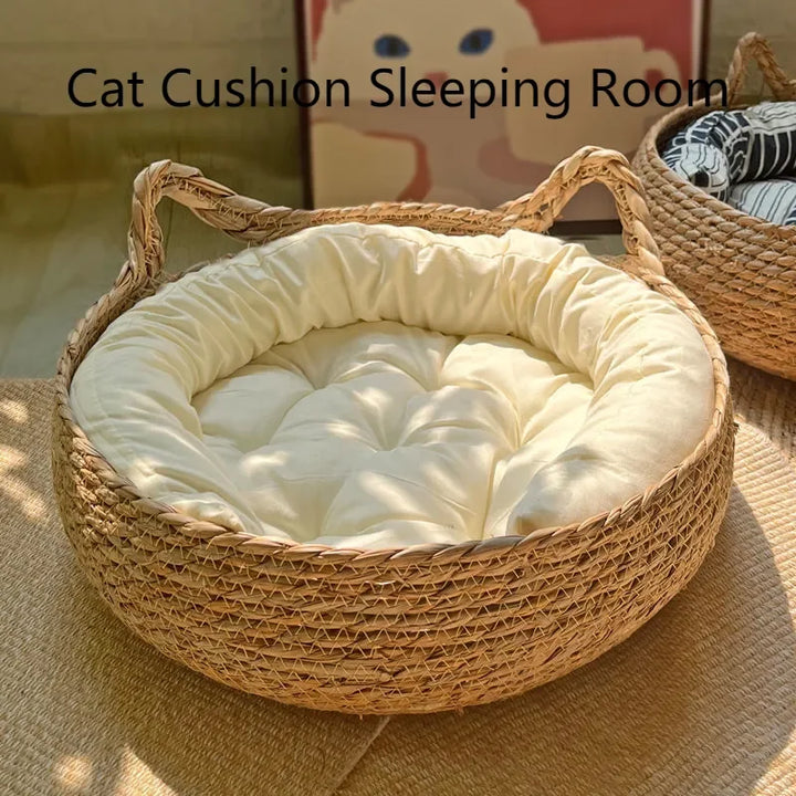 Handmade Vine Woven Cat Nest - Detachable Washable Winter Warmth Pad for Pet Supplies