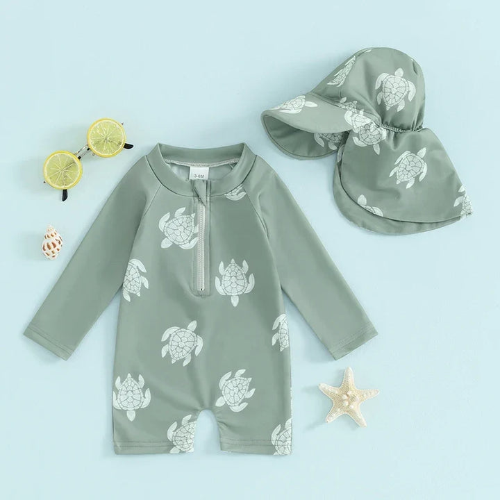 Lightweight Toddler Boys Rash Guard Swimsuit - Long Sleeve, Turtle Print, Polyester, Beachwear