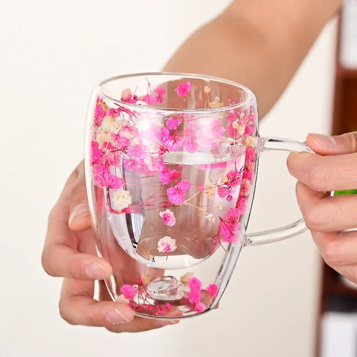 Double Wall Glass Cup with Handle Dried Flower Decorated Ins Style Mug 300ML
