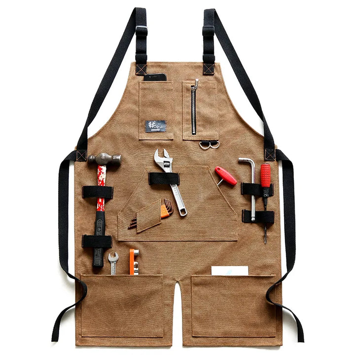 Denim Canvas Apron With Adjustable Cross Back Straps Work Apron Fall 2025 Custom Logo Durable Tool Pockets