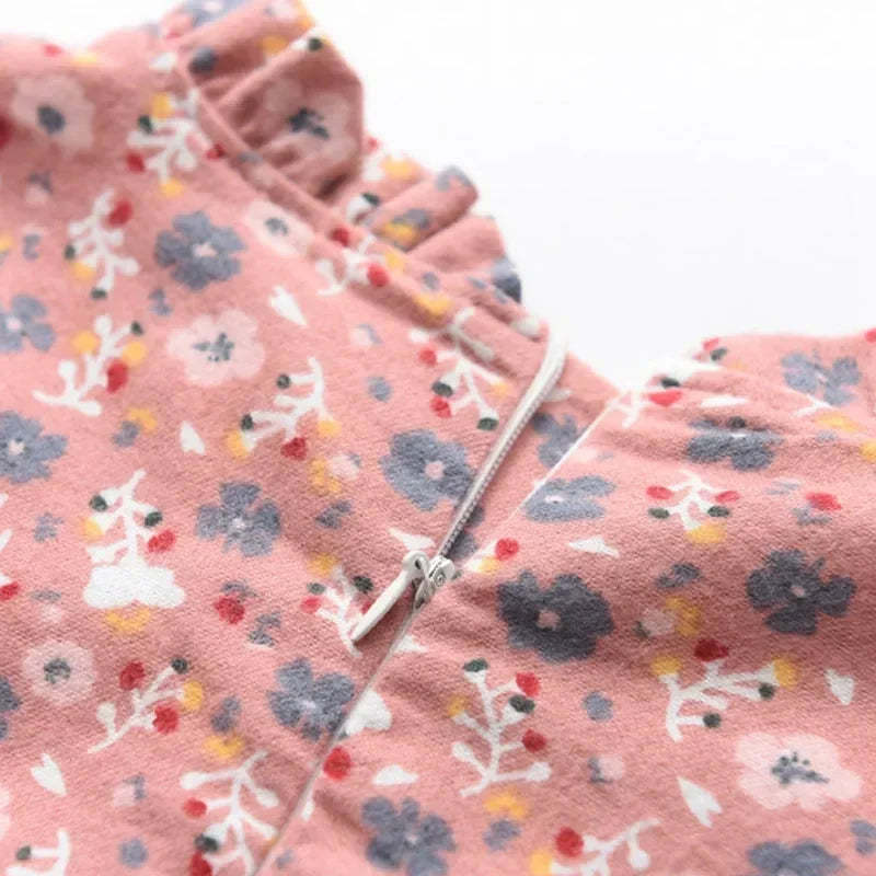 Soft Girls Dress – Long Sleeve Knee-Length, Floral Print, Cotton, Casual Autumn Wear