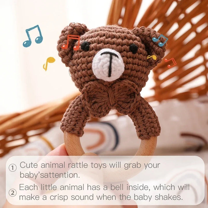 Crochet Bear Teether Rattle Ring Newborn Sensory Toys