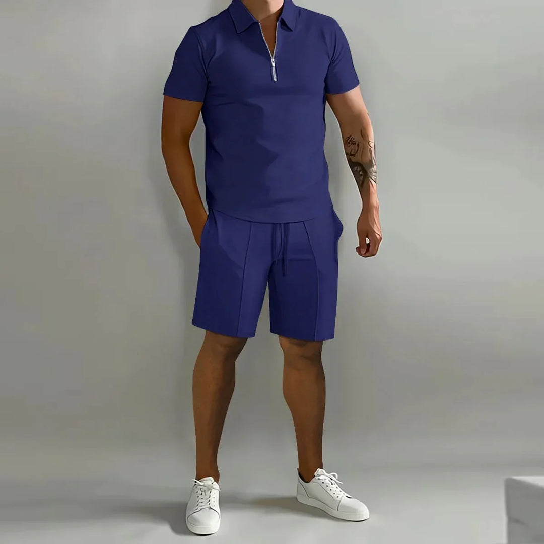 Solid color Polo Shirt &amp; Vertical Stripe Pants Set - Casual Short Sleeve Sports Wear