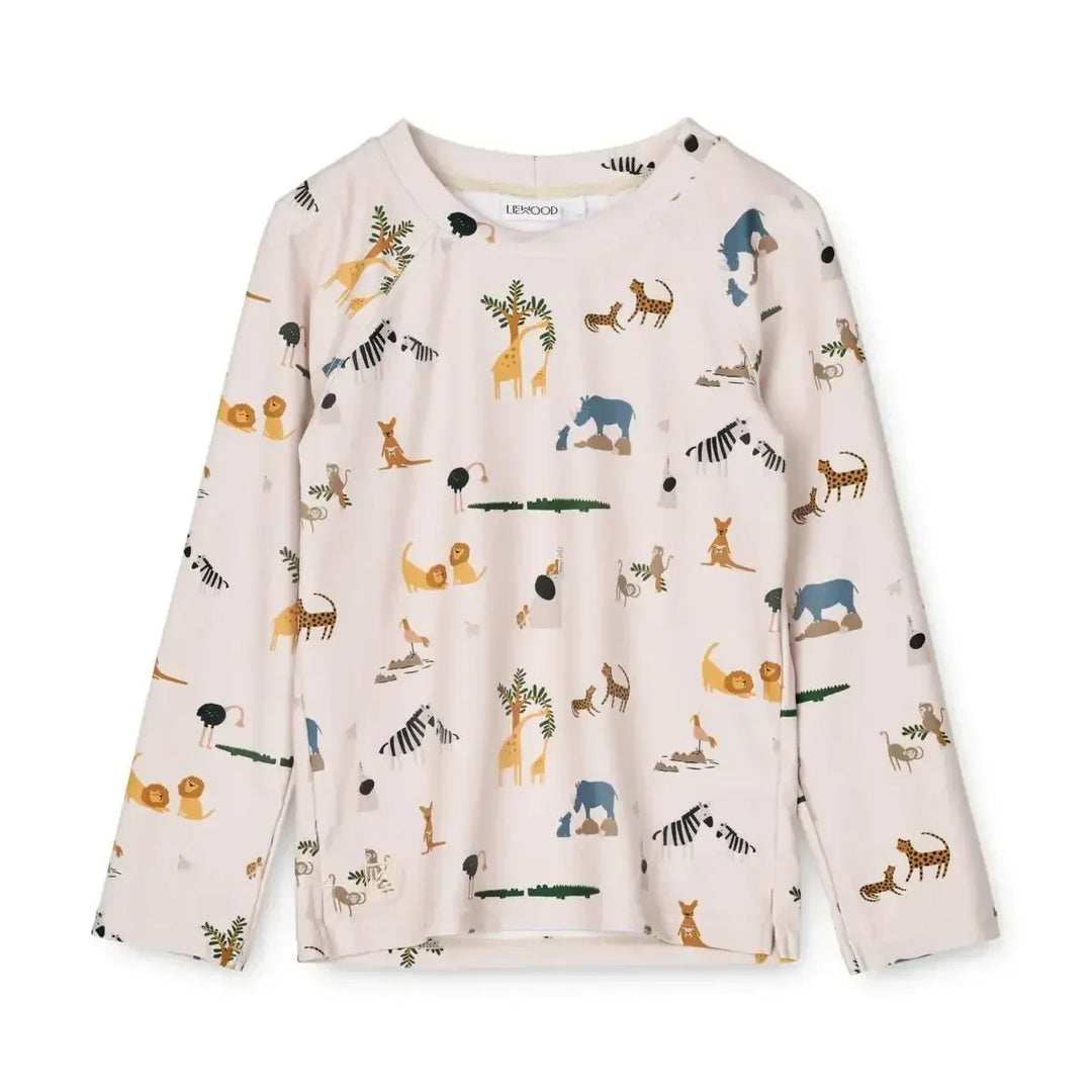 Quick-dry Kids’ Swimwear Set – Rash Guard &amp; Hat, Nylon, Cartoon Seagull Star Print, Beach Holidays