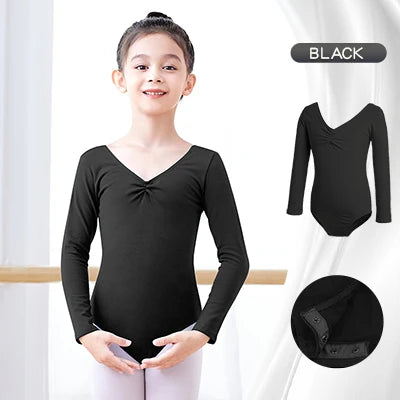 Breathable girls long sleeve ballet leotard - twist-front, cotton, for dance class