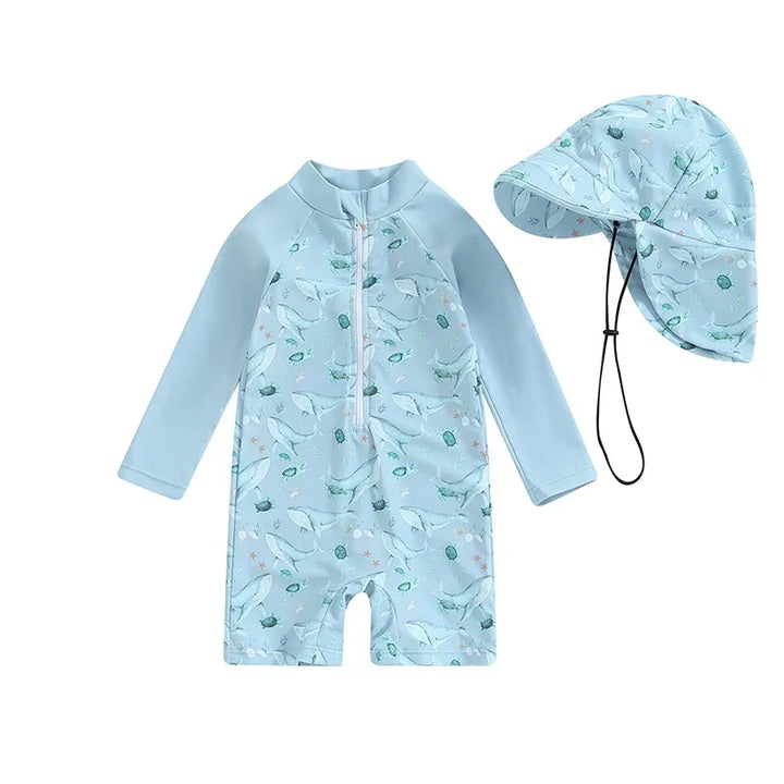 Lightweight Toddler Boys Rash Guard Swimsuit - Long Sleeve, Turtle Print, Polyester, Beachwear