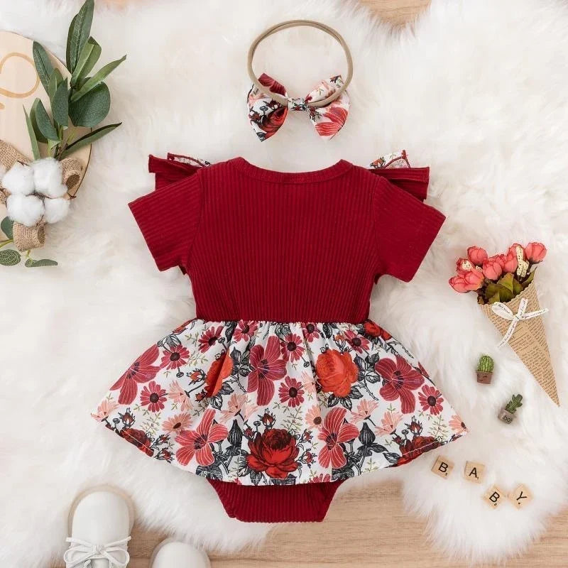Soft baby girl dress - floral print, bowknot accents, cotton-elastane, summer wear