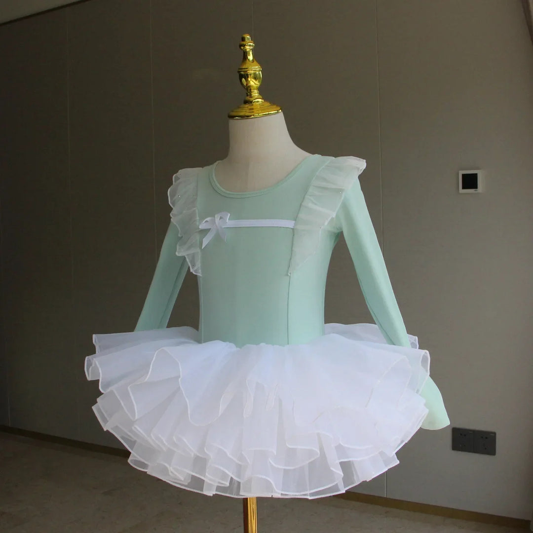 Lightweight girls ballet leotard set - puff-sleeve top, tulle tutu skirt, polyester, for dance class
