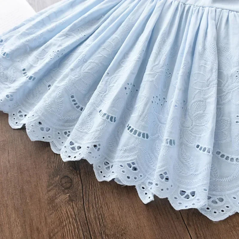 Lightweight girls’ dress – knee-length, floral eyelet, cotton, for parties and celebrations