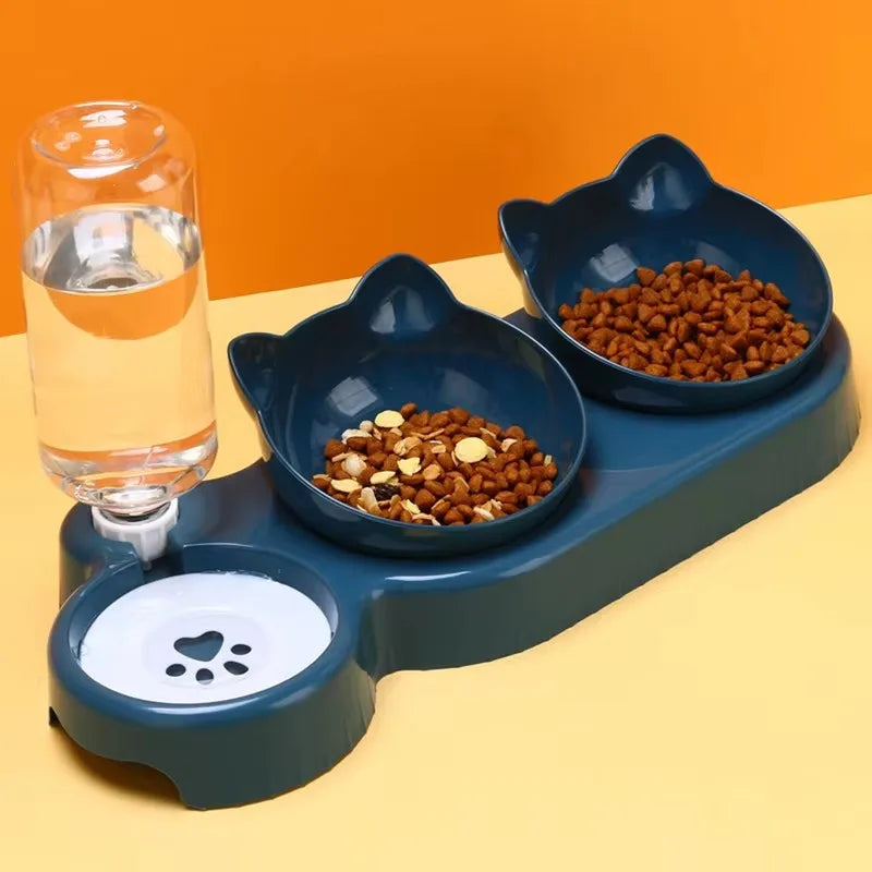 Triple Cat Bowls Pet Feeder with Automatic Drinking Bottle, Tilted Design for Cats and Dogs