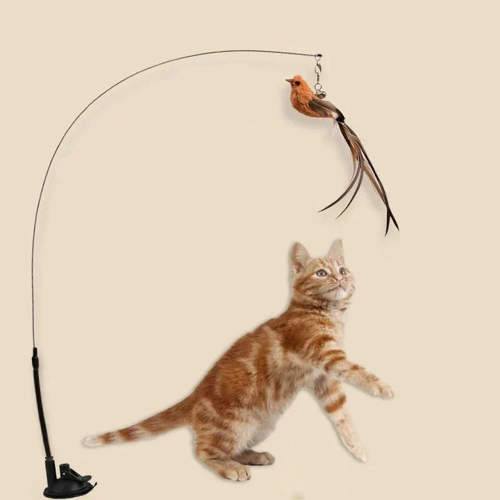 Simulated Bird Cat Toys - Upgraded Feather Teasing Stick, Long Rod with Steel Wire, Cat Safe Fun