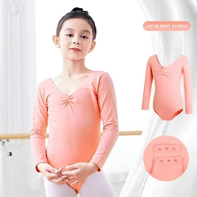 Breathable girls long sleeve ballet leotard - twist-front, cotton, for dance class