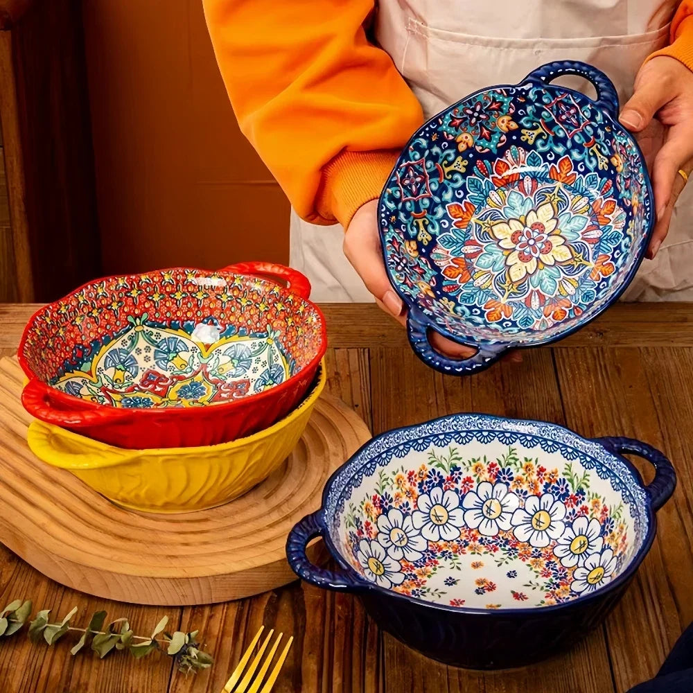 Ceramic Soup Bowl Bohemian Handle Embossed Microwave