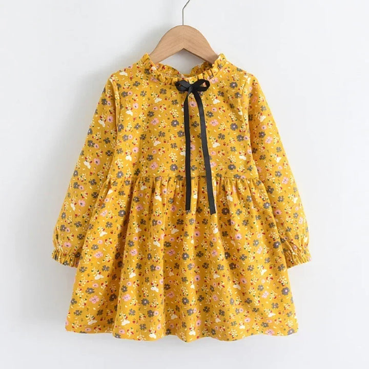 Soft Girls Dress - Long-Sleeve Knee-Length Floral Print, Cotton, For Casual Wear