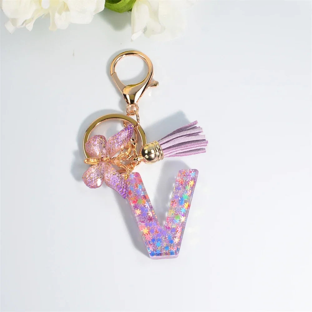 Sequin Letter Keychain With Butterfly Tassel Charm