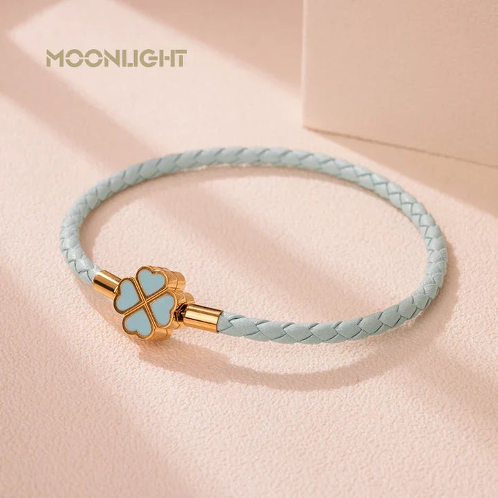 Four Leaf Clover Braided Leather Lucky Bracelet Gift