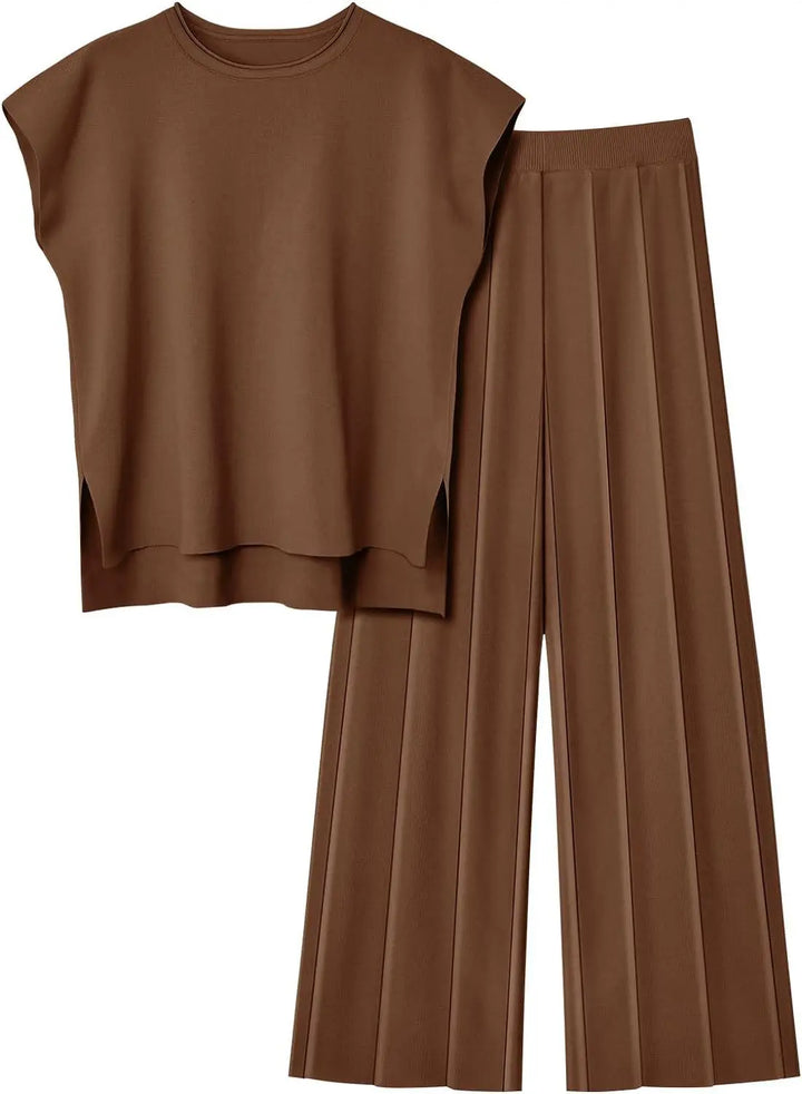Soft Relaxed Women’s Two-Piece Pant Set – Sleeveless Round-Neck Knit Top, High-Waist Wide-Leg Pants For Summer