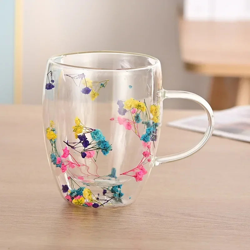 Double Wall Glass Cup with Handle Dried Flower Decorated Ins Style Mug 300ML