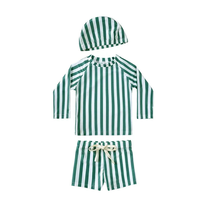 Breathable Kids Rash Guard Swim Set – Long-Sleeve Top, Swim Pants, Hat, Polyester Elastane, Beach Vacation